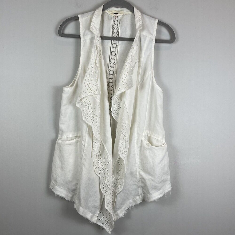 Free‎ People Womens Eyelet Vest Small White Distressed Linen Coquette Beachy